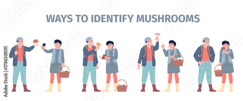 Mushroom identification. Poisonous and edible mushroom, couple fungus hunters. Identify fungi with smartphone, book, licking and looking, recent vector scene