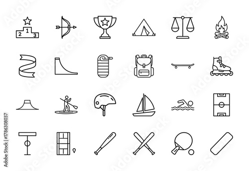 Sports and outdoor activity line icon set. Vector pictograms of podium, bow, trophy, tent, campfire, backpack, skateboard, sailboat, swimmer, baseball, thin linear illustration.