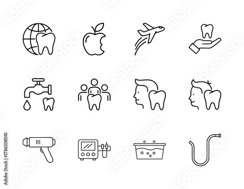 Dentistry line icon set. Vector pictograms of global teeth, bitten apple, dental travel, hand with tooth, tap, patients, heads, drill, unit, bath, and tube, thin linear illustration.