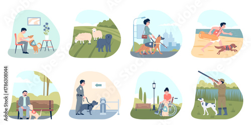 Service dogs. Assistance and emotional support animals. Dog for hunter, police service, water rescuer, shepherd. Helping puppies recent vector scenes