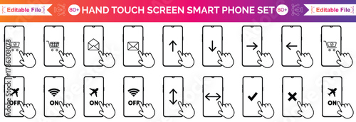 Hand holding mobile phone horizontally and vertically with blank screen illustration vector icons set line editable stroke. Outline style different gesture hands is touching smartphone display
