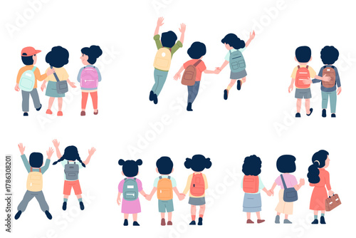 Kids with backpacks. Children friends back view, girls boys holding hands and walking to school or home. Happy characters, recent vector set