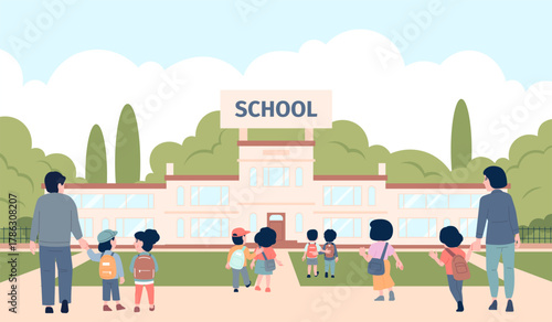 Children go to school. Kids with backpack and adults back view. Students walking on learning, education concept with building, recent vector scene