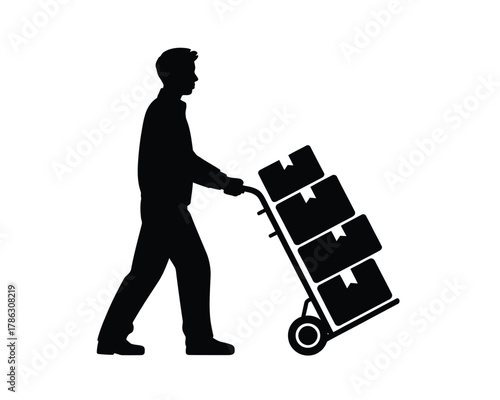 Silhouette of a person pushing a hand truck loaded with boxes
