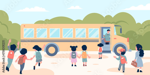 Children go to school bus. Boys girls running to yellow transport, social transportation on study. Little students with backpacks back view, recent vector scene