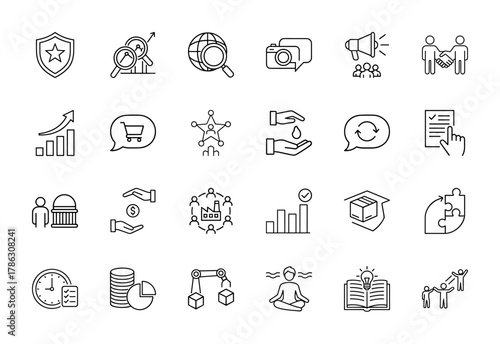 Business line icon set. Vector pictograms of security shield, financial growth, global search, marketing megaphone, teamwork, e-commerce, automation, and innovation, thin linear illustration.