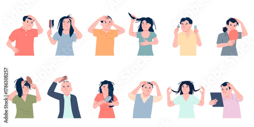 Hair problems characters. Alopecia, hair loss and baldness, oil root and split ends. Male female puzzled, with combs, examine their heads, recent vector set