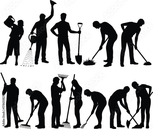 Gardening and landscaping silhouettes, people with tools, outdoor maintenance, black shapes, manual labor, nature care, silhouette illustration, garden work, rural activity, tool usage