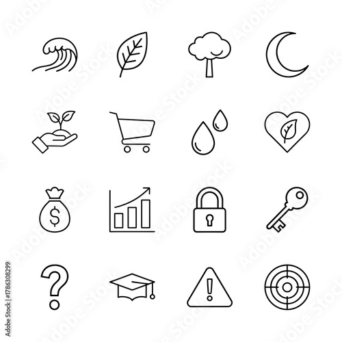 Universal concepts line icon set. Vector pictograms of nature elements, commerce, finance, security, education, and essential symbols, thin linear illustration.