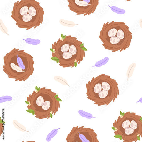 Birds nest seamless pattern. Nests with eggs and bird feathers. Easter sprint seasonal print for fabric or paper wrapping. Cartoon racy vector background