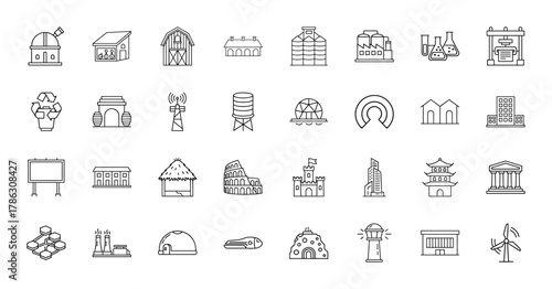 Buildings and structures line icon set. Vector pictograms of observatory, barn, factory, laboratory, colosseum, castle, skyscraper, wind turbine, thin linear illustration.