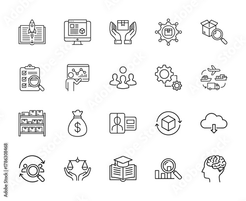 Business and analytics icon set. Vector pictograms of startup, package, chart, team, transport, warehouse, money, book, and brain, thin linear illustration.