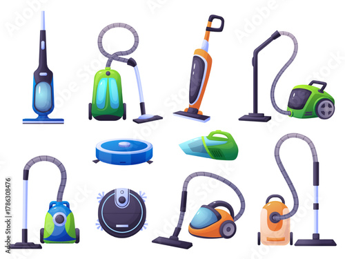 Vacuum cleaners. Cartoon electric device for house cleaning. Household appliances, robot vacuum cleaner and handy machine, clean service nowaday vector tools