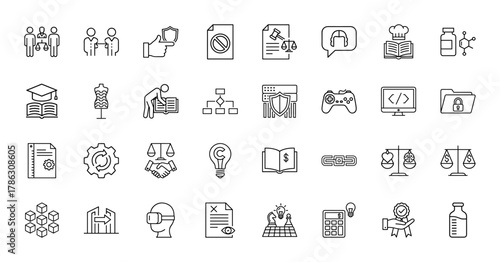 Diverse concept line icon set. Vector pictograms of people, security shield, legal gavel, graduation cap, coding monitor, game controller, finance book, and data, thin linear illustration.