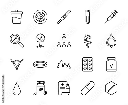 Biology and healthcare line icon set. Vector pictograms of test tube, syringe, pregnancy test, uterus, vitamins, pills, petri dish, and sperm, thin linear illustration.