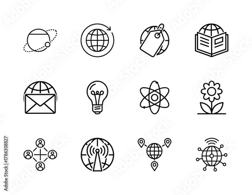 Global communication, science, and education line icon set. Vector pictograms of planet, globe refresh, atom, flower, social link, antenna, and geo-location, thin linear illustration.