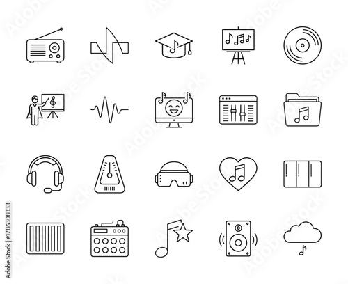 Music and audio technology line icon set. Vector pictograms of radio, sound waves, vinyl record, headphones, metronome, virtual reality, mixer, and speaker, thin linear illustration.