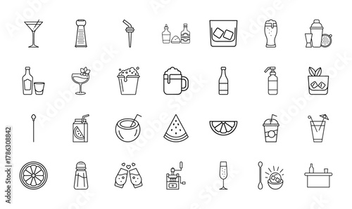 Drinks and bar line icon set. Vector pictograms of martini, beer, whiskey, cocktail, juice, and various barware, thin linear illustration.