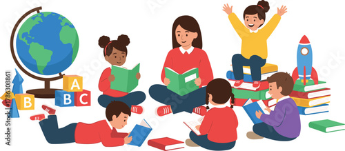 Children Reading with Teacher – Educational Learning and Classroom Activity Illustration