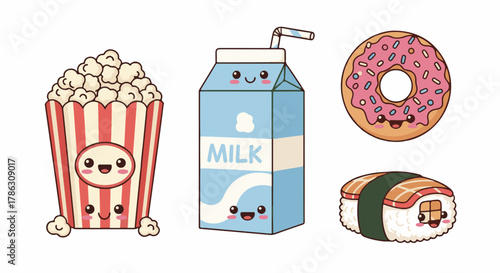 Cute Kawaii Food Icons Vector Set – Popcorn, Milk, Donut, Sushi