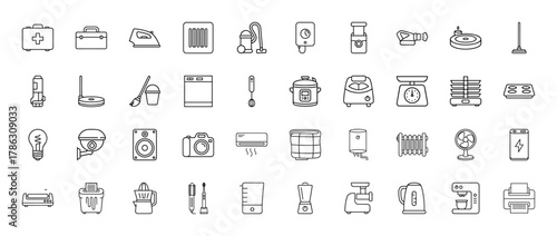 Home appliances and smart electronics line icon set. Vector pictograms of kitchen gadgets, cleaning tools, heating systems, security devices, and office equipment, thin linear illustration.
