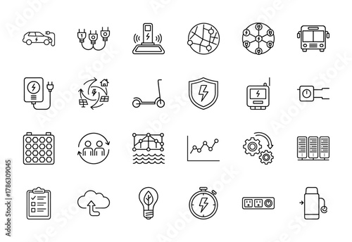 Smart energy and electric mobility line icon set. Vector pictograms of electric car charging, renewable power, grid network, data servers, and efficiency, thin linear illustration.