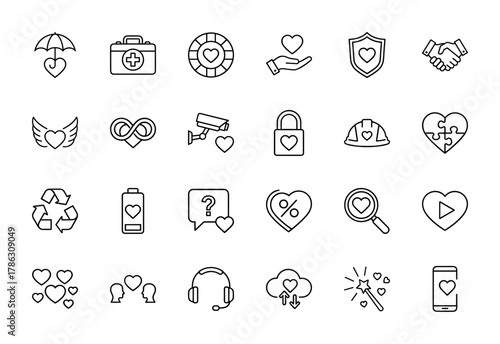 Relationships and care line icon set. Vector pictograms of umbrella, first aid, shield, handshake, padlock, puzzle, recycle, battery, chat, search, and smartphone. Thin linear illustration.