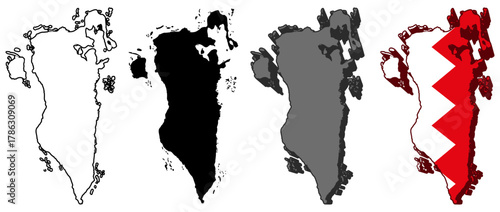 set vector Bahrain flag in map icon. Detailed Bahrain  map silhouette. 3D isometric Bahrain map symbol design template illustration