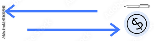 Blue arrows pointing in opposite directions represent exchange or transfer. Accompanied by a pen symbolizing agreements and a dollar sign denoting financial focus. Ideal for finance, trade