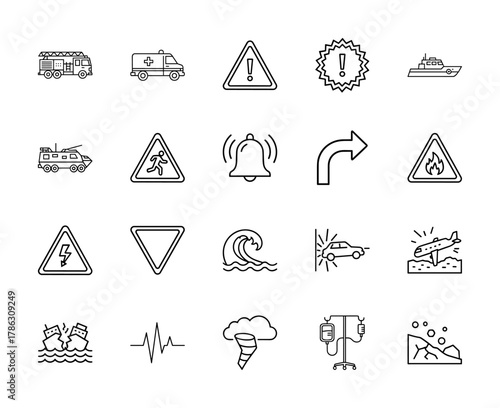 Safety and emergency line icon set. Vector pictograms of fire truck, ambulance, warning signs, tsunami, car accident, airplane crash, tornado, and landslide, thin linear illustration.