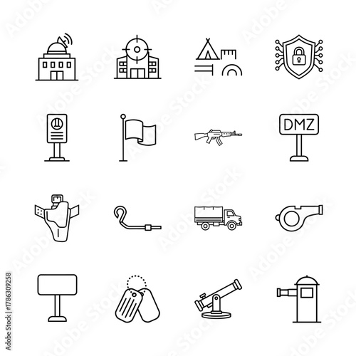 Military and security line icon set. Vector pictograms of government building, army camp, digital security, rifle, border post, military truck, dog tags, and cannon, thin linear illustration.