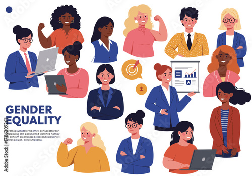 Gender, equality, empowerment, illustration, professional, women, diversity, inclusion, business, attire, teamwork, leadership, data, success, unity, support, icons, goals, representation, workplace