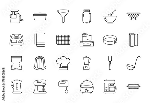 Cooking line icon set. Vector pictograms of meat grinder, baking dish, funnel, whisk, colander, scale, chef hat, blender, stand mixer, kettle, coffee maker, thin linear illustration.