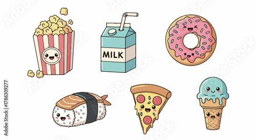 Cute Kawaii Food Icons Vector Set – Popcorn, Milk, Donut, Sushi
