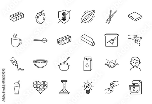 Confectionery line icon set. Vector pictograms of chocolate bar, cocoa, vanilla, strawberry, milk, butter, baking mixer, and peanut-free shield, thin linear illustration.