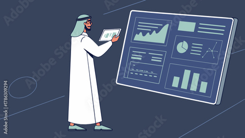 Arabian Businessman Presenting Financial Report in Modern Office Vector Illustration