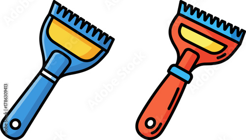 Two colorful scrapers with blue and red handles on white background  