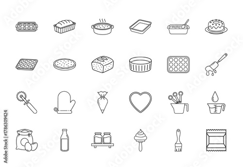 Baking and cooking line icon set. Vector pictograms of muffin pans, bread loaves, baking dishes, cake, pie, spatula, oven mitt, piping bag, and measuring tools, thin linear illustration.