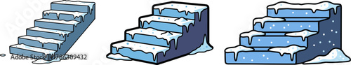 Snow-covered stairs in winter with icy blue texture  