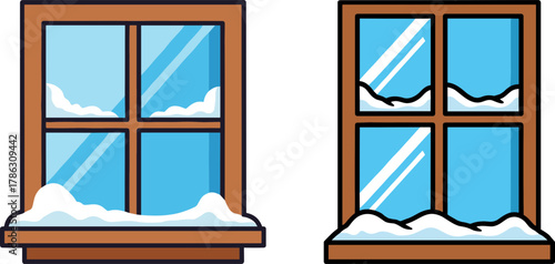 Cartoon window with snow on sill in winter scene  