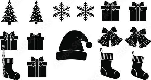 Christmas silhouette vector collection with Santa hat, snowflakes, gift boxes, socks, bells, Christmas trees, festive winter holiday decoration