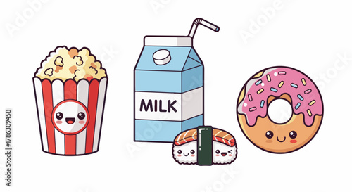 Cute Kawaii Food Icons Vector Set – Popcorn, Milk, Donut, Sushi