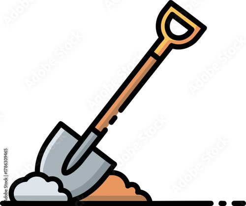 Shovel digging into soil on white background  