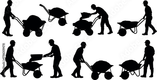 Construction worker silhouette set, wheelbarrow activity, manual labor, black illustration, safety gear, hard hat, soil transport, industrial work concept