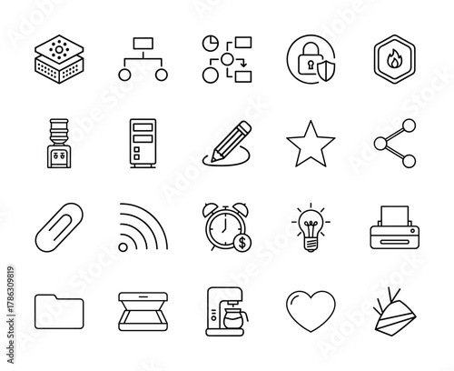 Business, office, and technology line icon set. Vector pictograms of data stack, organization chart, pencil, share, wifi, lightbulb, printer, folder, coffee machine, thin linear illustration.