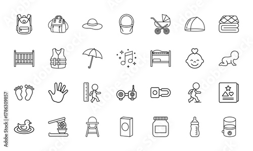 Baby and child care line icon set. Vector pictograms of stroller, crib, baby bottle, high chair, backpack, life vest, blanket, baby, thin linear illustration.