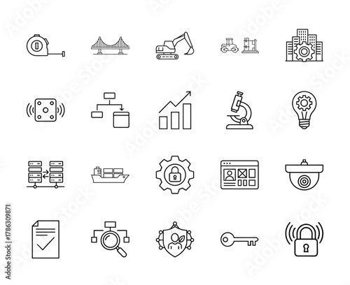 Engineering, data, and security line icon set. Vector pictograms of bridge, excavator, servers, cargo ship, security camera, padlock, and lightbulb, thin linear illustration.