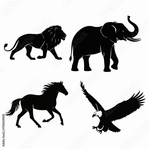 Wild Animal Silhouettes Vector Set – Elephant, Horse, Eagle & More