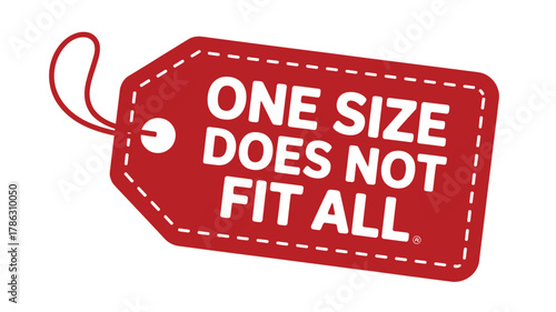 Red tag with white text stating one size does not fit all