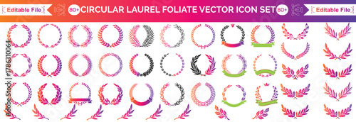 Circular black laurel foliate vector icon set. Set of black silhouette circular laurel foliate, wheat and oak wreaths depicting an award